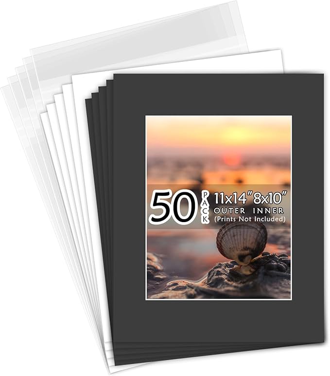 Golden State Art, Acid Free, Pack of 50, 11x14 Black Picture Mats Mattes with White Core Bevel Cut for 8x10 Photo + Backing + Bags