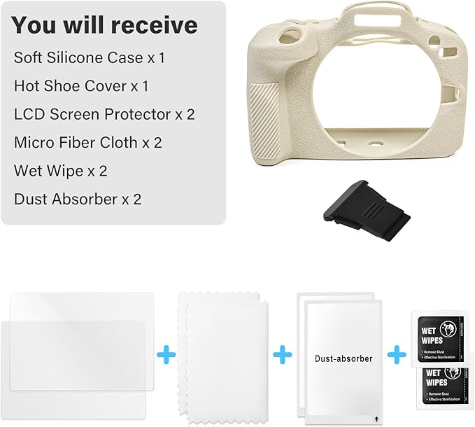 EOS R100 Camera Case Accessories Kit - Silicone Protective Case for Canon eos R100[White] & LCD Screen Protector for Canon R100[2 Packs] & Camera Hot Shoe Cover for R100