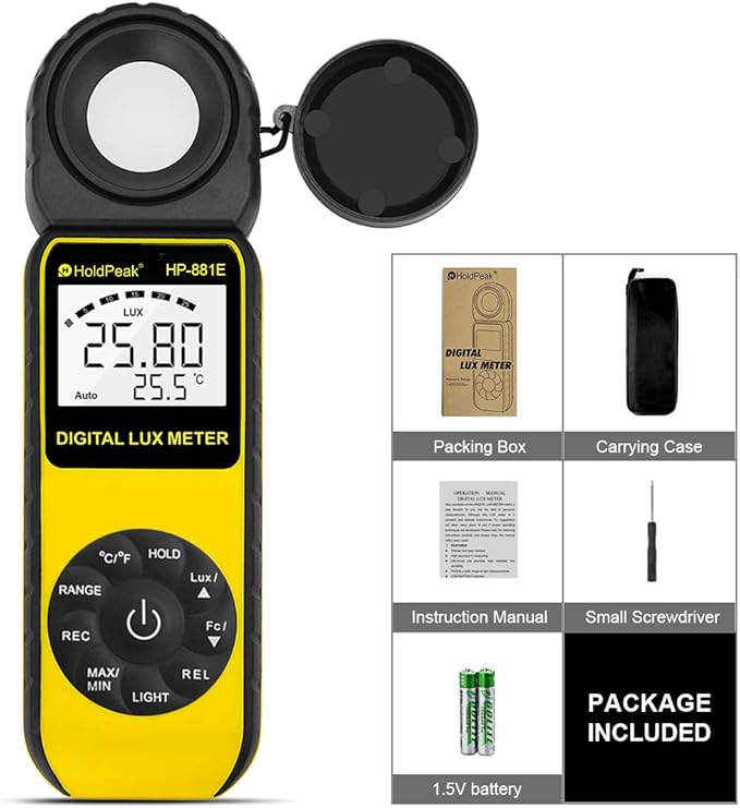 HOLDPEAK Digital Light Meter, Digital Illuminometer/Light Meter with 1~300,000 Lux (1~30,000 FC) Measuring Ranges and 270° Rotated Sensor for LED Lights and Plants Lumen Meter, 881E
