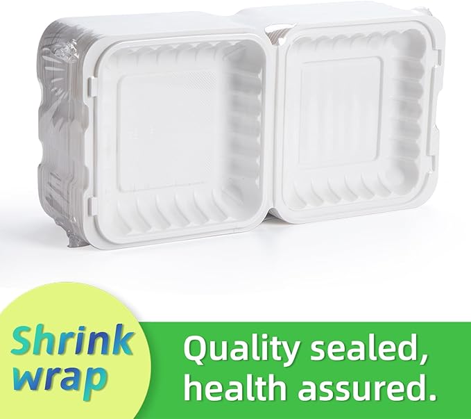 LEOBOX Takeout Container Mineral Filled PP Plastic - 8 Inch 34oz 55 Pack | Shrink Wrap BPA Free To Go Boxes | Reusable Dishwasher Microwave Freezer Safe for Food Delivery | White Disposable Containers