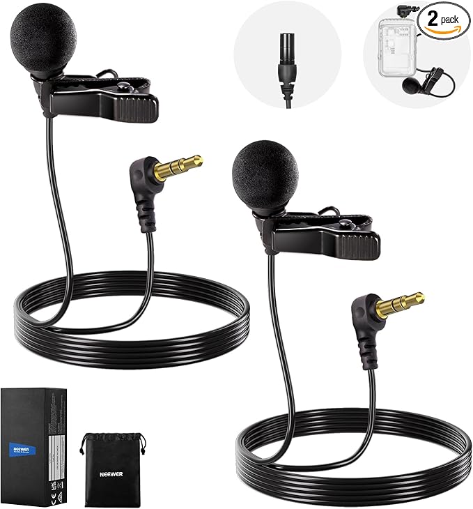 NEEWER ø4mm Mini Lavalier Microphone (2 Pack), Clip On Wired Condenser Lapel Lav Mic Set with 5ft/1.5m 3.5mm TRS Connector Compatible with DJI Mic 2 Rode Wireless Go II CM28 CM31 Camera, LM8