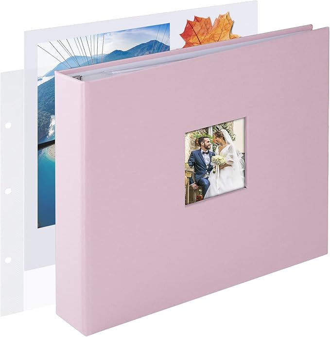 1DOT2 8x8 DIY Small 3 Ring Scrapbook Photo Album Journal with 30 Plastic Sleeves 60 Pages and Fabric Cover for Baby Travel Wedding Couple Anniversary Kids Adventure (Pink Cover/White Pages)