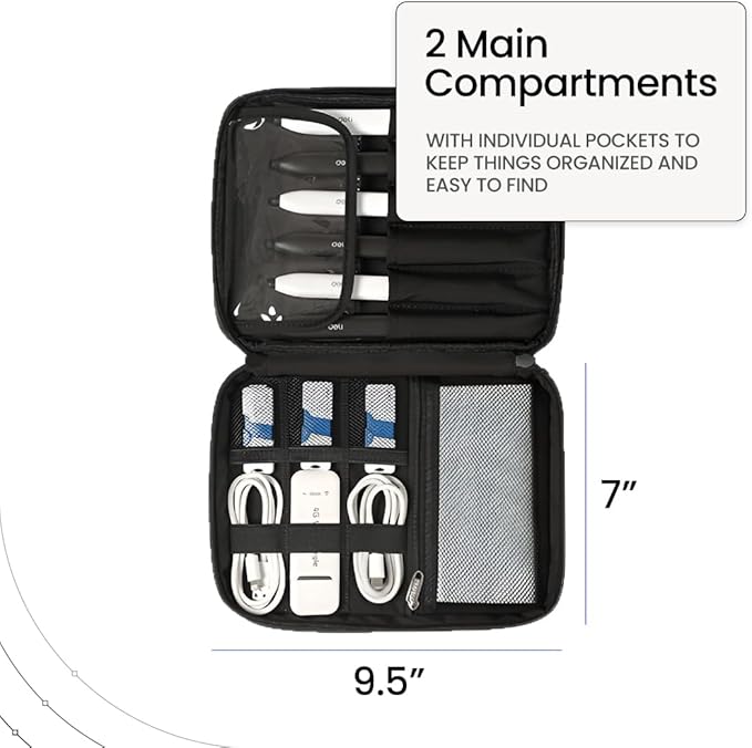Keross Travel Cable Organizer Bag – Water-Resistant Electronics Pouch with 2 Compartments & Multiple Pockets for Chargers, USBs, Earphones, Power Banks – Tech Pouch for Work & Daily Use