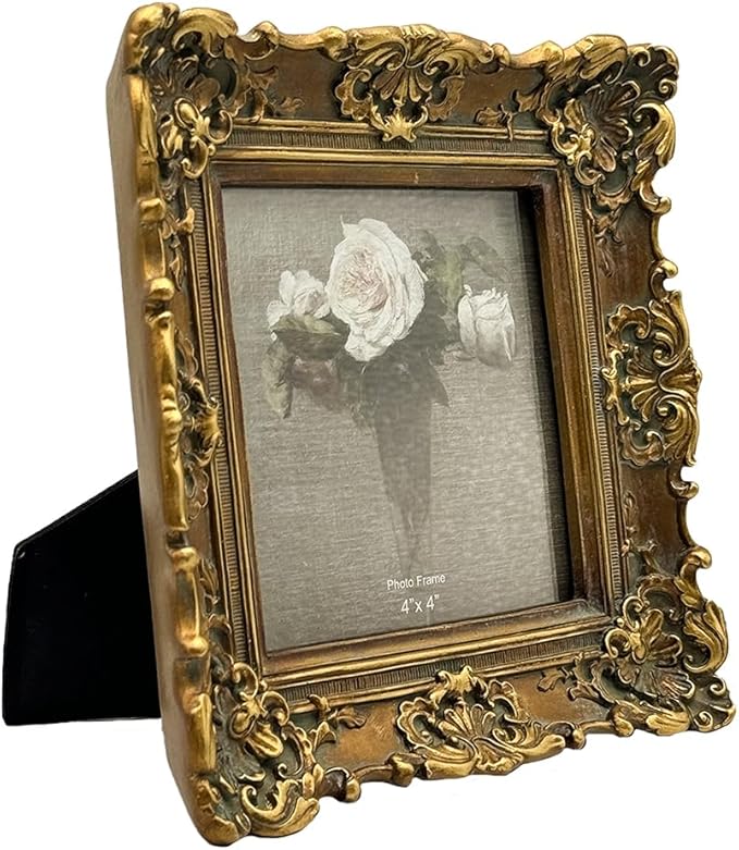 CISOO 4x4 Vintage Small Picture Frame, Antique Ornate Bronze Gold Square Photo Frame, for Table Top and Wall Display, Decorative Floral Design Retro Home Decor, Photo Gallery Art