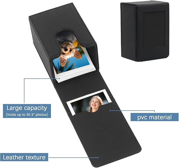 PU Leather Photo Holder Case – MaehSab Compatible with 2x3 Films for Mini Picture Size (54x86mm), Fits 50 Photos, Portable Storage Box with Pocket – Black
