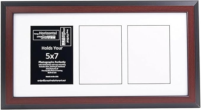 Creative Letter Art 3 Opening Glass Face Mahogany Picture Frame to hold 5 by 7 inch Photographs including 10x20-inch White Mat Collage