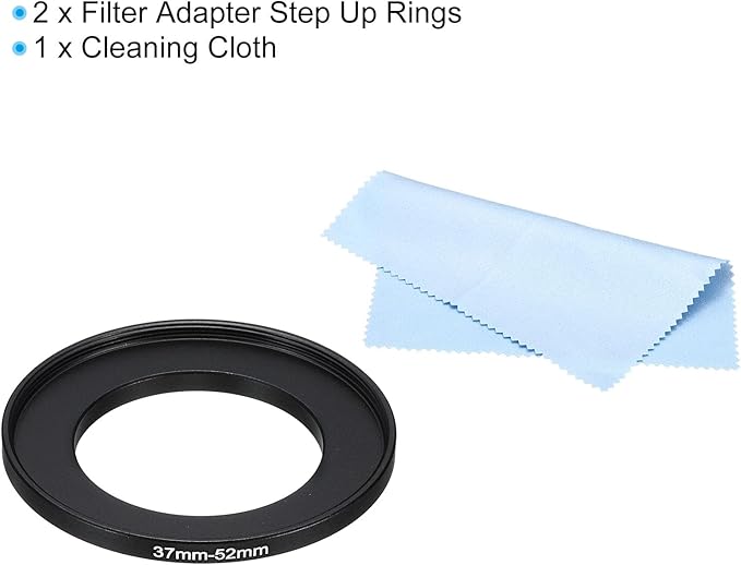 PATIKIL 37mm-52mm Metal Step Up Ring with Cleaning Cloth, 2 Pack Camera Lens Filter Adapter Ring Aluminum Filter Adapter Ring for Camera Lenses Hood, Black