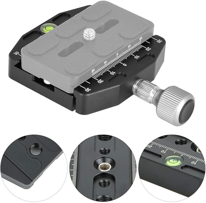 70mm Aluminium Alloy Quick Release Plate Clamp, QR Plate Clamp with 1/4in 3/8in Screw Holes, Built in Gradienter for Arca Standard Tripod, Durable Metal Locking Knob for Camera Pho