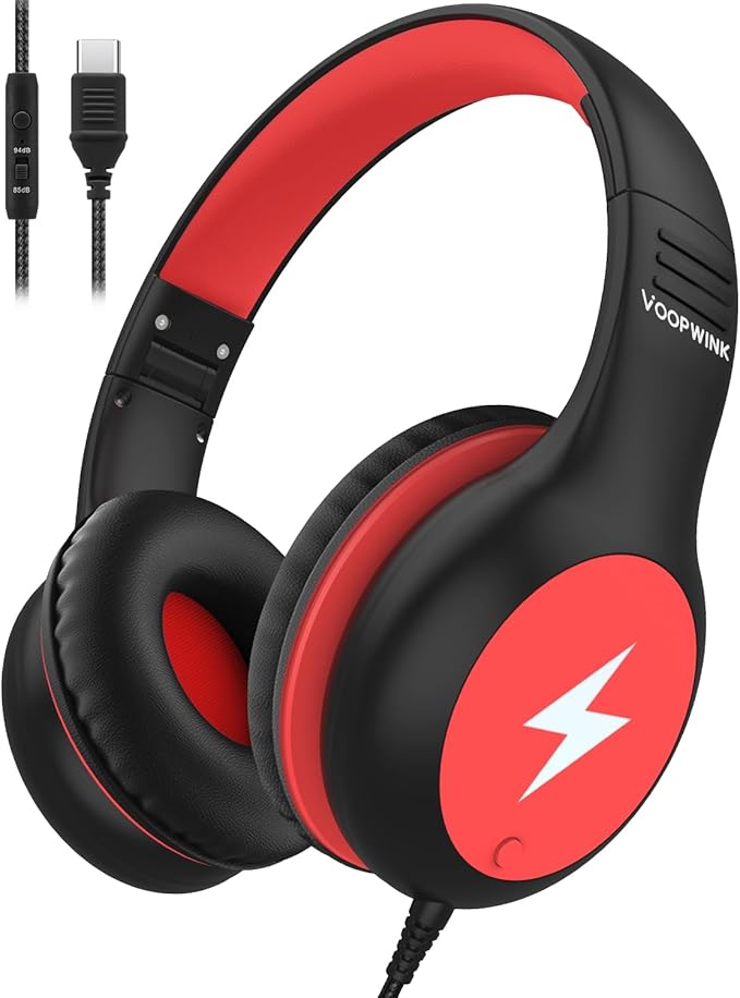 Kids Headphones Wired with Microphone, USB Type C Headphones for Kids Girls Boys with Cord/LED Lights/85/94dB Volume Limit, Portable Over Ear Headphones for School/Travel/Tablet/iPad