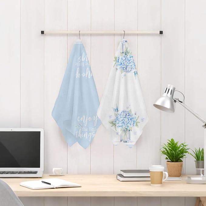 2Pcs Hydrangea Bouquet Kitchen Towels, 24x14 Inch Spring Butterfly Waffle Hand Towels for Kitchen Farmhouse Decor, Absorbent Durable Microfiber Dish Cloth Tea Towel, Home Gifts for Women Mom