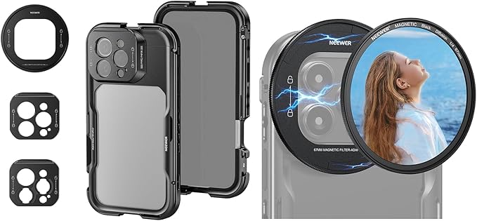 NEEWER PA074 Phone Cage Compatible with iPhone 16 Pro Max + 67mm Magnetic Black Diffusion 1/4 Filter Set for 16Pro (PA073) 16ProMax (PA074) Cage, Quick Release Video Rig Phone Stabilizer