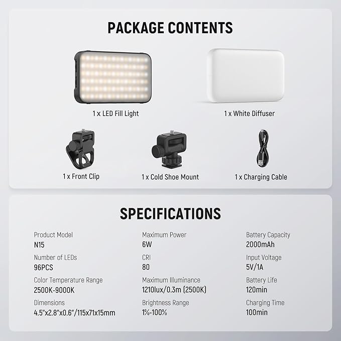 NEEWER Entry Level Version Phone Selfie Light for iPhone, 2500-9000K CRI80 2000mAh Rechargeable Plastic Clip on Makeup Streaming Recording Laptop Computer Video Conference Fill Lighting, N15