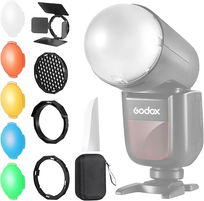 TOAZOE TR-09 Magnetic Flash Accessories Kit for Godox V1/V100/AD100/AD200 Round Head Speedlite Flashes, Flash Diffuser Kit Includes Dome Diffuser, Diffuser Panel, Barndoor, Honeycomb Grid