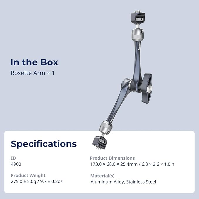 SMALLRIG 11" Rosette Magic Arm, Camera Monitor Mount, Articulating Arm with 1/4"-20 and 3/8"-16 Locating Screw for ARRI, Max Load Capacity 3kg Friction Arm, for Cameras, Monitors, LED Lights