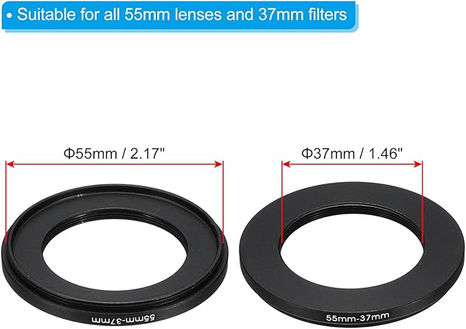 PATIKIL 55mm-37mm Metal Step Down Ring with Cleaning Cloth, 2 Pack Camera Lens Filter Adapter Ring Aluminum Filter Adapter Ring for Camera Lenses Hood, Black