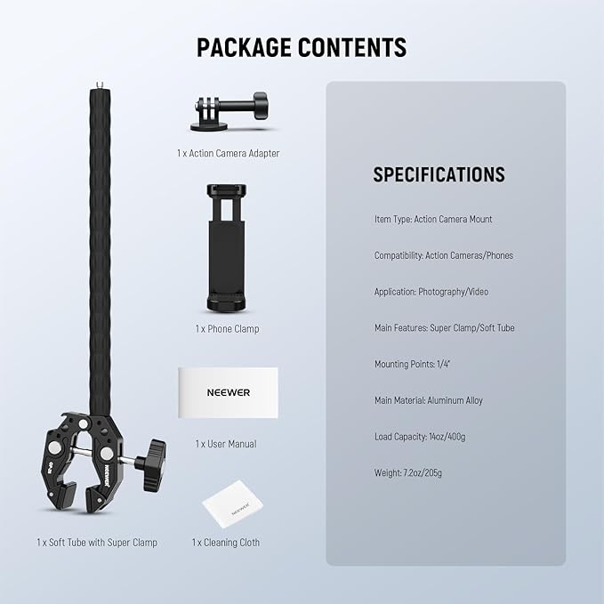NEEWER GP-26 Action Camera Adapter Mount Kit with Super Clamp, Soft Tube, Phone Holder, Cleaning Cloth, Compatible with GoPro Insta360 DJI iPhone Android for Video Recording