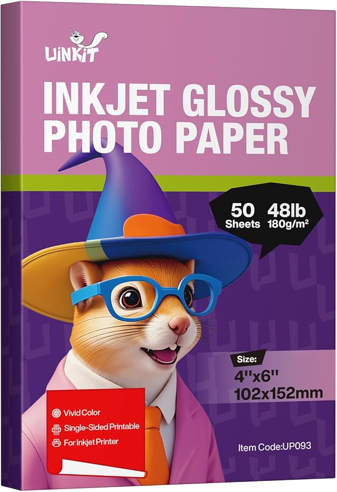 Uinkit Bright White Single Sided Glossy Photo Paper - 4x6 Inch 180gsm (48lb), 50 Sheets Instant Dry Dye Inkjet Paper, Scratch Resistant Professional Photo Printing for Home DIY Memories
