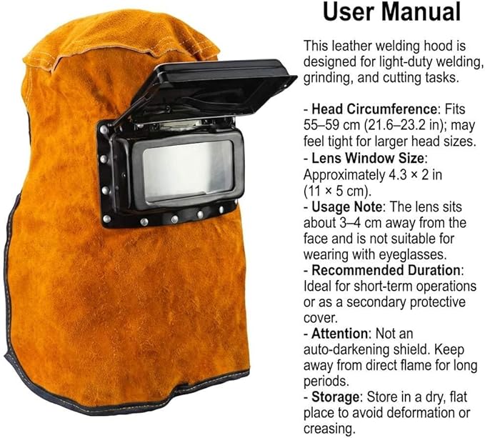 QWORK Welding Helmet Mask with Flip Open Lens, Leather Welding Hood Grinding Protective Gear Work Cap Head Face Neck Shield, Flame & Heat Resistant, Dust Resistant, Breathable