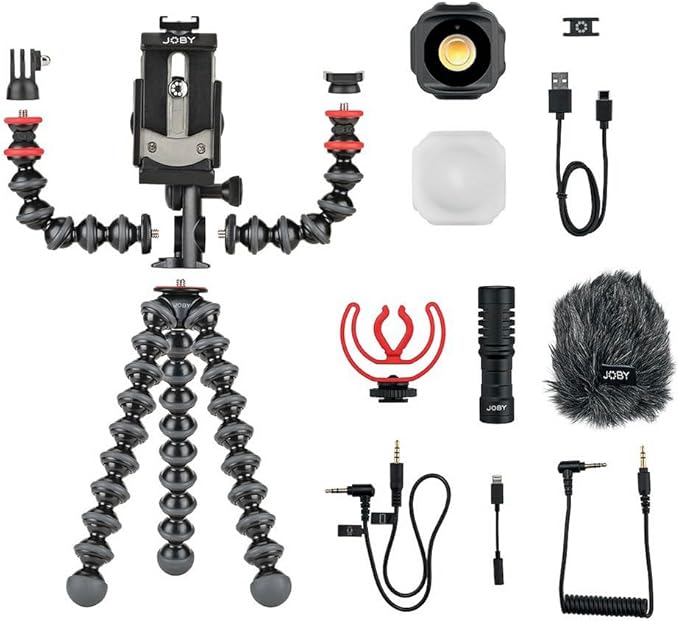 JOBY GorillaPod Mobile Vlogging Kit (Smartphone Rig, Wavo Mobile Mic, Beamo Mini LED Light) Flexible Tripod, Phone Holder, Vlog Microphone, Vlog Light, Vlogging Camera Kit, Content Creator