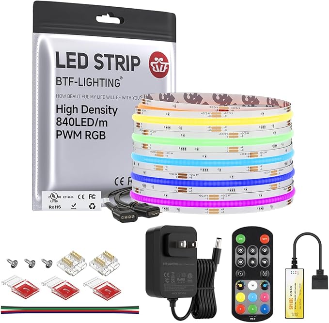 BTF-LIGHTING FCOB RGB COB LED Strip Lights Kit UL Listed 840LED/m 16.4FT 10mm Width Color Changing Flexible LED Tape for Bedroom Party Decor, with RF Remote and ETL 24VDC Power Supply
