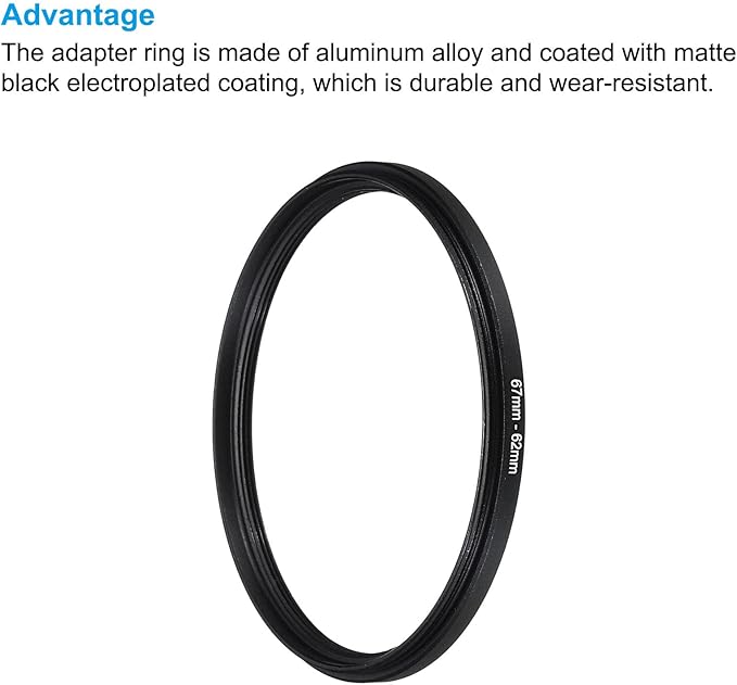 PATIKIL 67mm-62mm Metal Step Down Ring with Cleaning Cloth, 2 Pack Camera Lens Filter Adapter Ring Aluminum Filter Adapter Ring for Camera Lenses Hood, Black