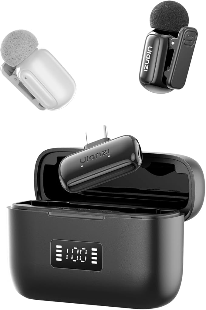 ULANZI A200 Mini Mic Wireless Lavalier Lapel Microphone for iPhone 17/16/15 Type-C, 48kHz/24-bit, Plug & Play, Smart Noise Cancelling, Digital Display, 30H Battery for Video Recording(White + Black)