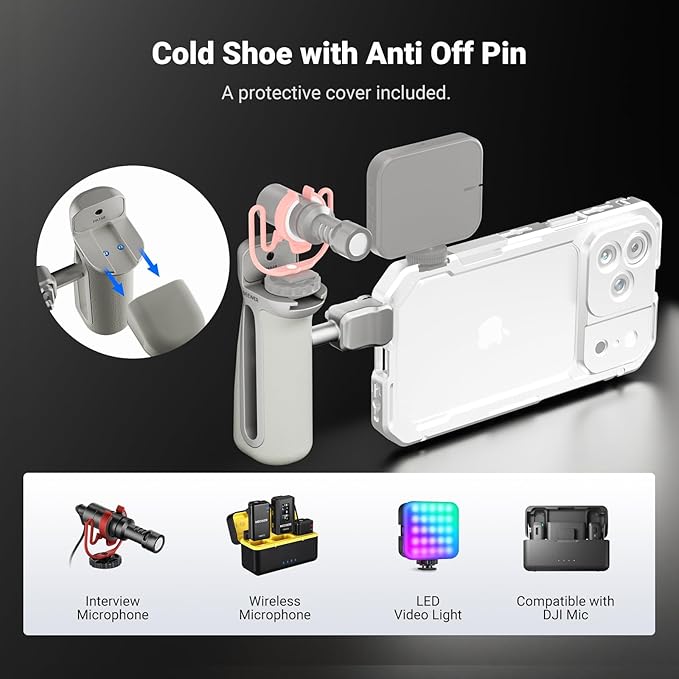 NEEWER Quick Release Side Handle with Anti Off Cold Shoe, 360° Rotation, Nonslip Grip, Compatible with iPhone 17 Pro Max 16 S25 Ultra Phone Cage Accessories, PA148 (Silver)