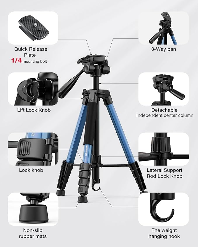 CAMBOFOTO 73" Camera Tripod and Monopod, Professional Aluminum Tripod Stand for Mirrorless Camera/DSLR/Cell Phone/Camcorder/GoPro, with Phone Holder and Travel Bag (Navy Blue)