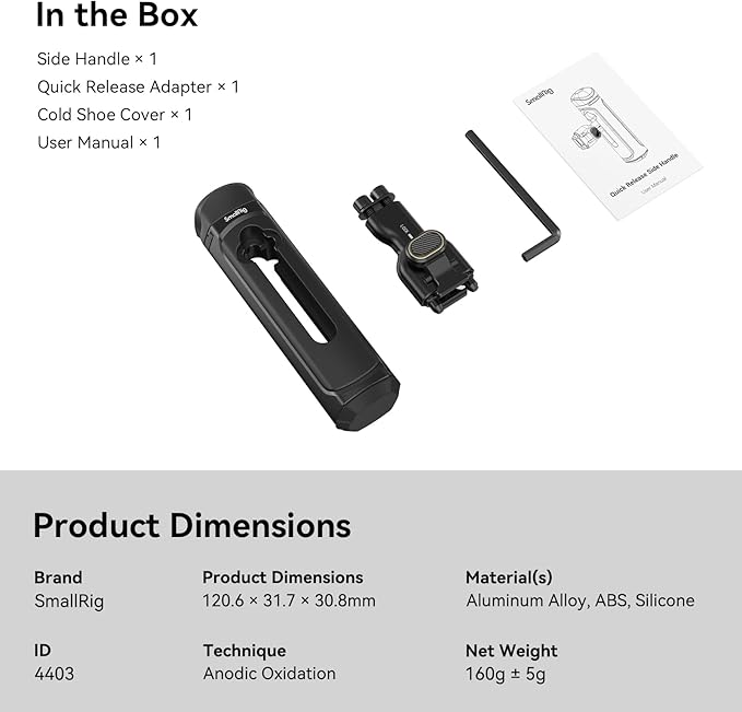 SMALLRIG Quick Release Side Handle for Universal Mobile Phone Cage 4299 and iPhone 15 Series Cage, Aluminum Handle Grip with Built-in Cold Shoe - 4403