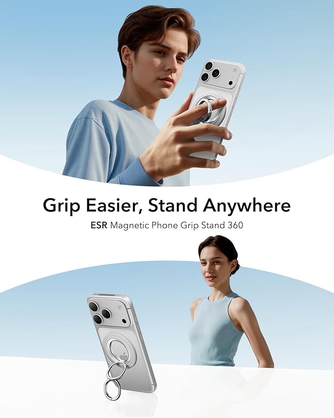 ESR for MagSafe Phone Grip, Dual-Side Magnetic Phone Grip,360° Adjustable Thin Magnetic Ring Holder Stand,for iPhone 17 16 15 14 13 12, Samsung,All Phones, MagSafe Accessories (2 Metal Rings Included)