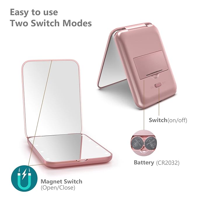 Kintion Pocket Mirror, 1X/3X Magnification LED Compact Travel Makeup Mirror with Light for Purse, 2-Sided, Portable, Folding, Handheld, Small Lighted Mirror for Gift, Rose Gold