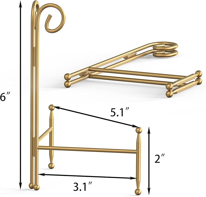 HEMYLU Display Stand for Plate, Foldable Metal Plate Stand for Table, Decorative Easel Holder for Picture Frames, Photos, Wedding Cards, Sign Posters, Cavas, 6-inch Gold
