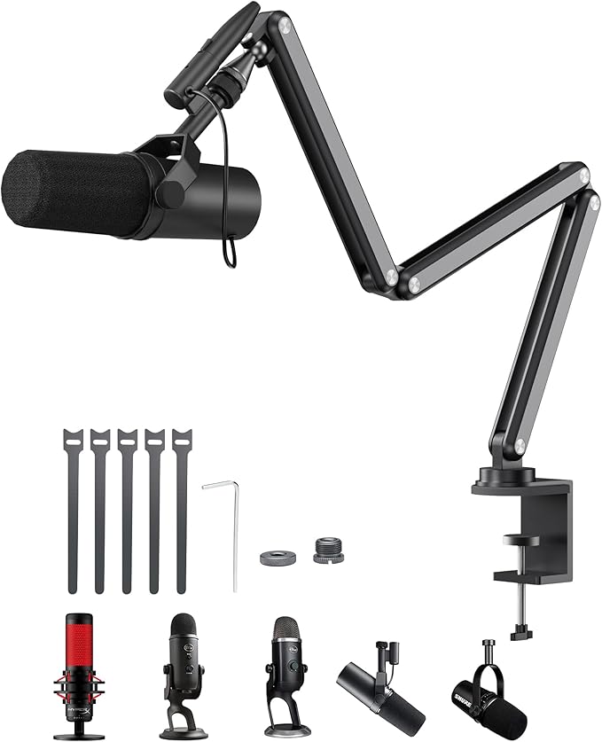 KU XIU Aluminum Alloy Boom Arm Microphone Stand for Desk, Three-Section Adjustable Mic Arm Mount with Cable Management Channels for Desktop Podcasting, Recording, Streaming, Gaming, Home Office-Gray