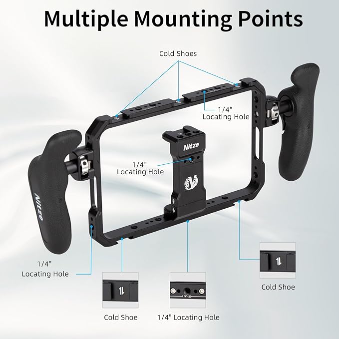 Nitze Smartphone Cage, Universal Phone Video Rig, with Ergonomic Side Handles, Adjustable Cellphone Clamp and 5 Built-in Cold Shoes, for Vlogger and Videographer - T-MP01B