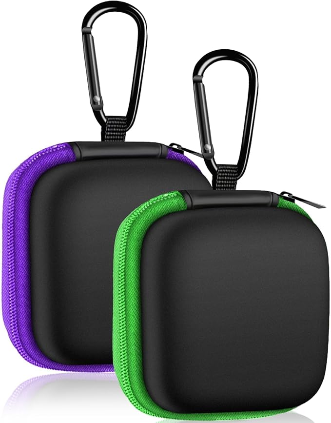 MOLOVA 2Pack Square Earbud Case Portable EVA Carrying Case Storage Bag Cell Phone Accessories Organizer with Carabiner for Earphone, Earbud, Earpieces, SD Memory Card, Camera Chips-Purple/Green