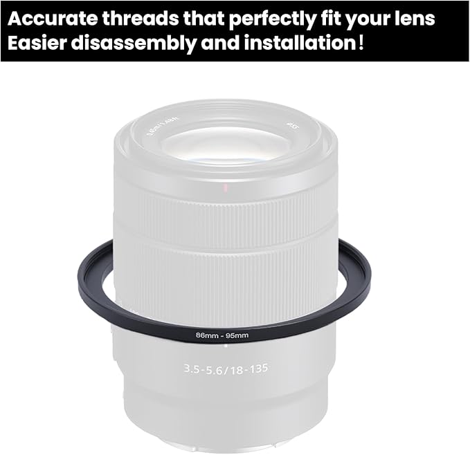 Metal Step Up Ring Filter Adapter - 86mm to 95mm - Metal Ring Step Up Rings Adapter Filter Compatible with All 95mm UV, CPL, ND, Lens Hood, Threaded Lens ect
