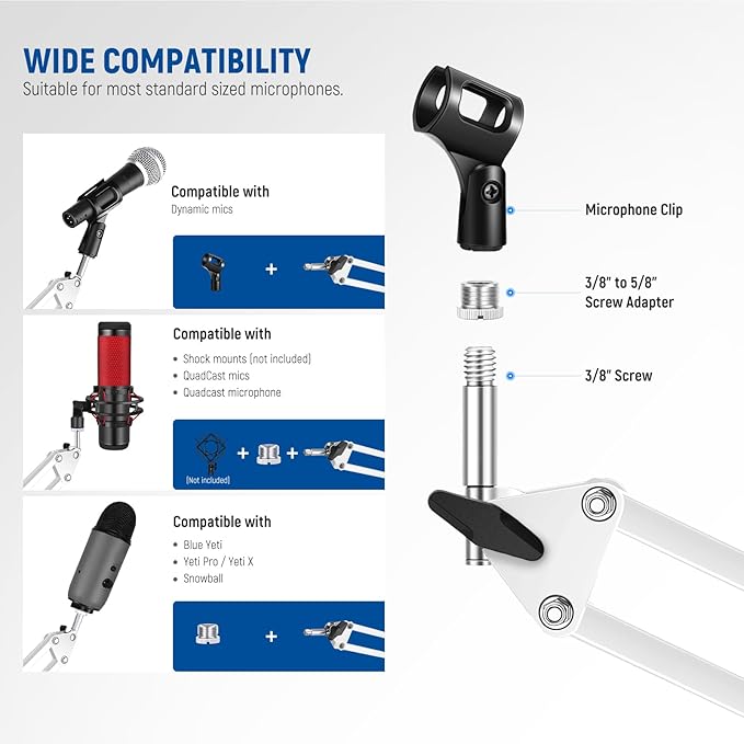 NEEWER Suspension Boom Arm Scissor Mic Stand, Microphone Arm Desk Stand with 3/8" to 5/8" Screw, Cable Ties Compatible with Blue Yeti Snowball Yeti X Quadcast, Max Load 3.3lb/1.5kg, NW-35, White