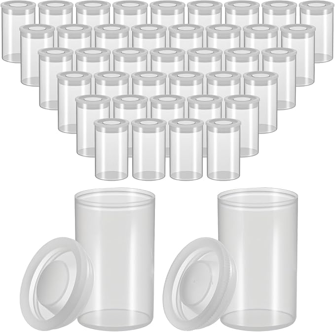 100 Pieces Film Canisters with Caps 35 mm Plastic Empty Camera Reel Storage Containers Case with Lids for Small Accessories Rockets Experiment Fish Hook Film Keys Coins Art Beads (Clear)