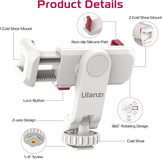 ULANZI Phone Tripod Mount ST-06S White, Universal Smartphone Mount Adapter with 2 Cold Shoe, 360° Rotates and Adjustable Cell Phone Clip Clamp Holder, Compatible with iPhone, Samsung Galaxy and More