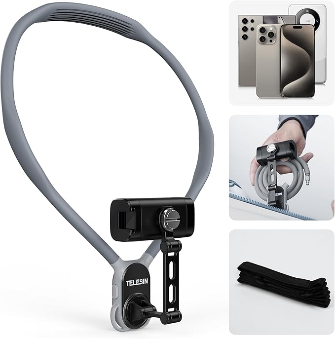 TELESIN° Neck Phone Holder POV/Vlog Neck Mount for Phones with Phone Clip, Hands Free Phone Neck Holder w Chest Strap Neck Selfie Mount Video Recording for iPhone Samsung Google Pixel and All Phones