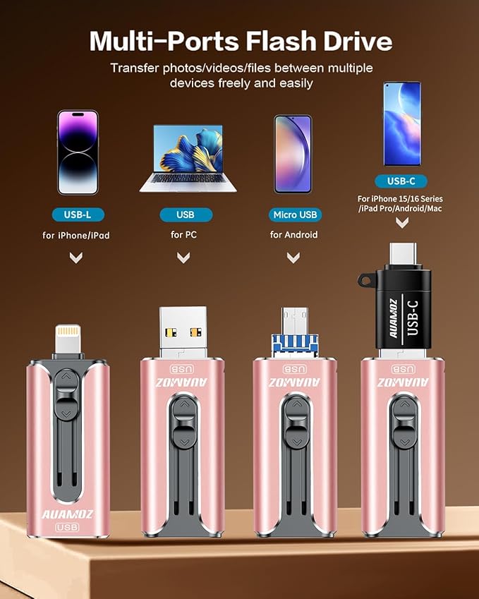 AUAMOZ 256GB Flash Drive Intended for iPhone, Memory Stick Storage Files Photos Videos Backup, Compatible with iPhone iPad Android PC, Plug and Play, No Application Required (Pink)