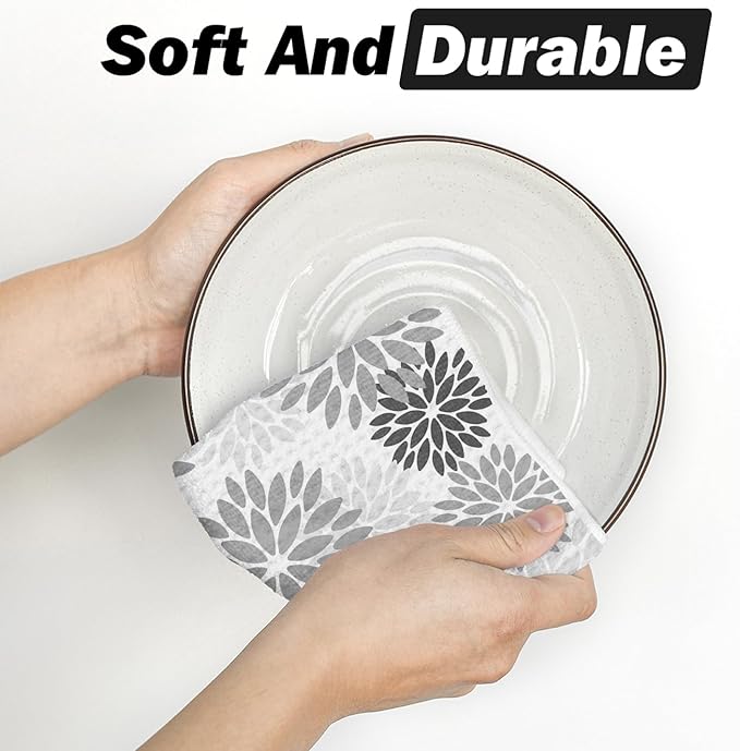 Artoid Mode Grey Dahlia Floral Bar Kitchen Towels, 12x24 Inch Quick Dry Microfiber Cloth Dish Towels for Kitchen Drying Set of 2