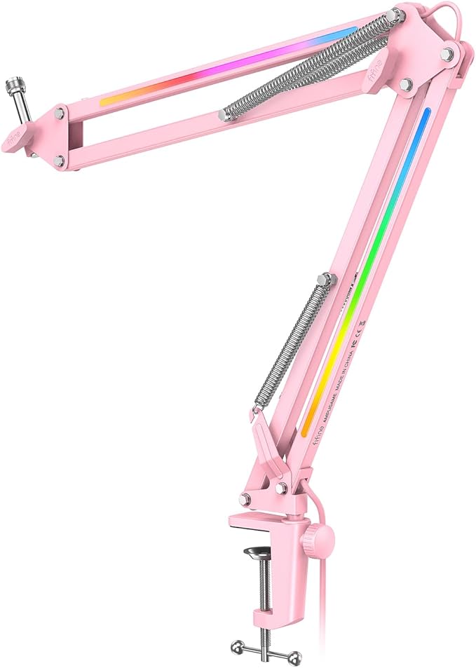 FIFINE Microphone Boom Arm, Metal Adjustable Mic Arm Stand with RGB Button, 3/8” to 5/8” Screw Adapter, Desk Mount Clamp, Suspension Scissor Mic Stand for Gaming Streaming Podcast-AmpliGame BM38P