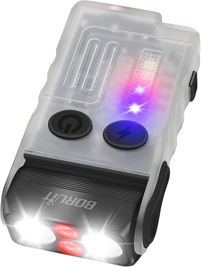 BORUIT V20 Small Powerful Flashlight Super Bright with Red Blue Warm Light, 180° Head Swivels 110dB Buzzer - Mini Keychain Pocket Rechargeable LED Flashlights USB EDC Clip Flash Light