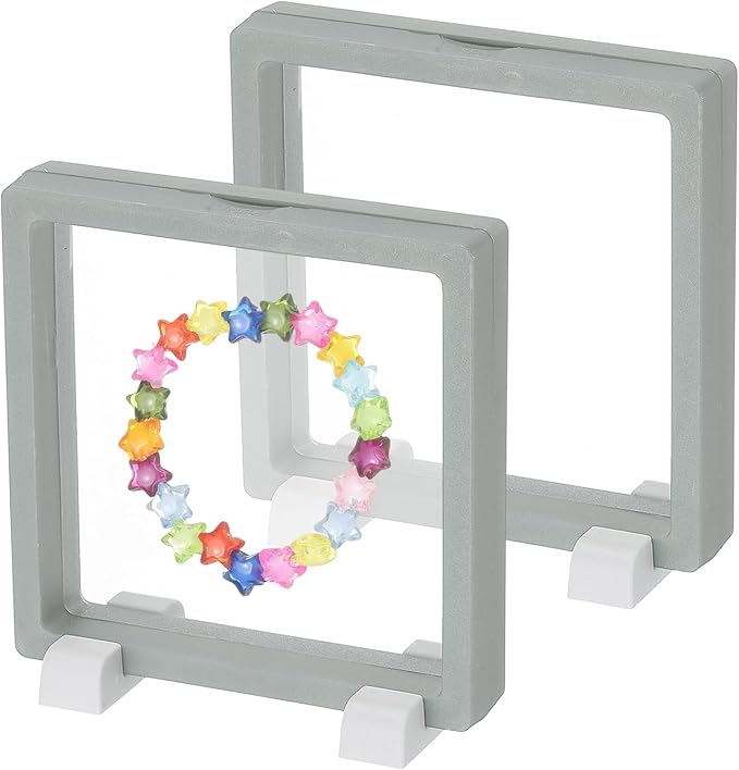 PATIKIL 2Pcs Floating Display Case, 4.3 Inch Jewelry Display Case Stand Challenge Coin Holder Frames Transparent Small Storage Box 3D for Necklace Bracelets Pendants, Grey/White
