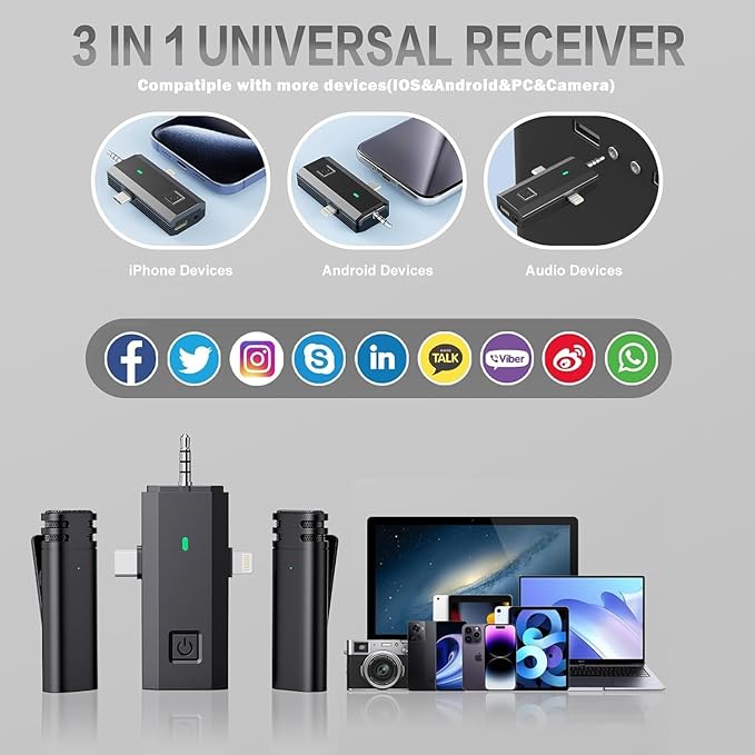 3 in 1 Wireless Microphone for iPhone, iPad, Android, Camera, Mini Lavalier Lapel Mic, USB-C Microphone, 2.4G Ultra-Low Delay, Microphones for YouTube,TikTok,Video Recording,Live Streaming,Vlog