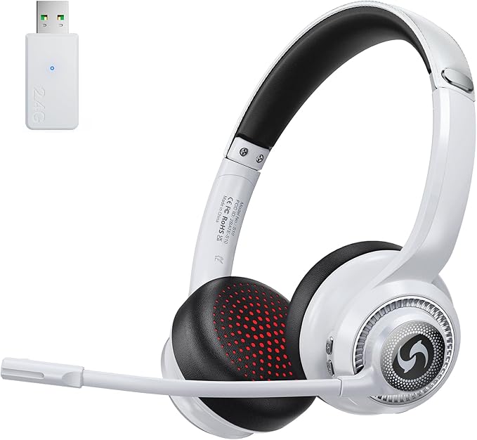 Wireless Headsets with Mic for Work, Wireless Headset for Cell Phones, Ultra Lightweight& 50+ Playtime, On Ear Bluetooth Headphone Fit for PC/Call Center/Computer/Laptop/Teams - White