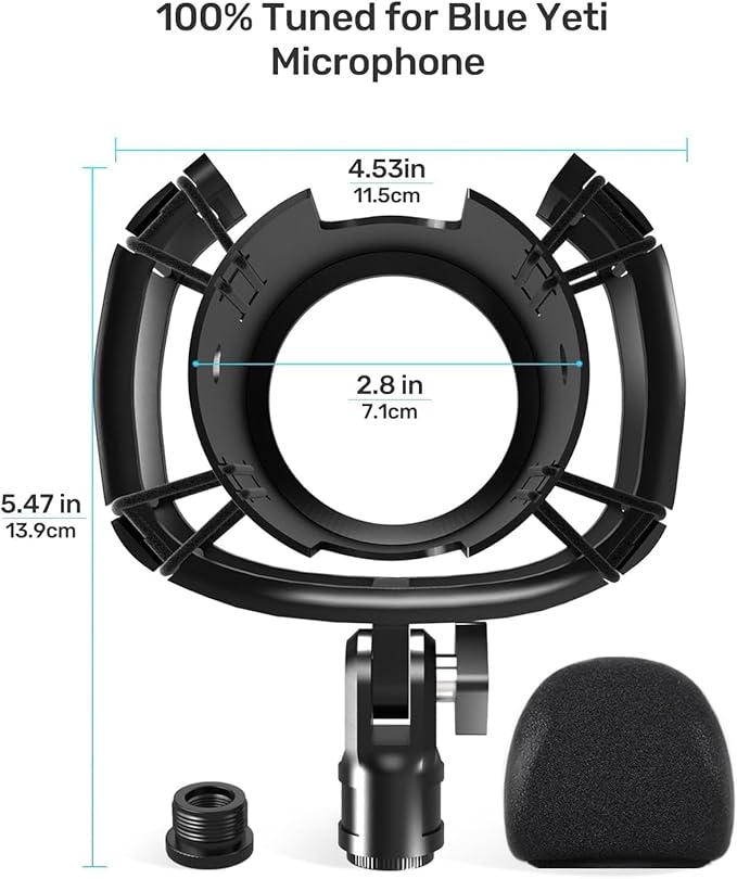 [2026 Upgrade]Custom Blue Yeti Shock Mount with Pop Filter - Elastic Suspension Design Reduces Vibration Noise, Shock Mount 100% Fits Blue Yeti, Matches Mic Boom Arm, with 3/8" to 5/8" Screw Adapter