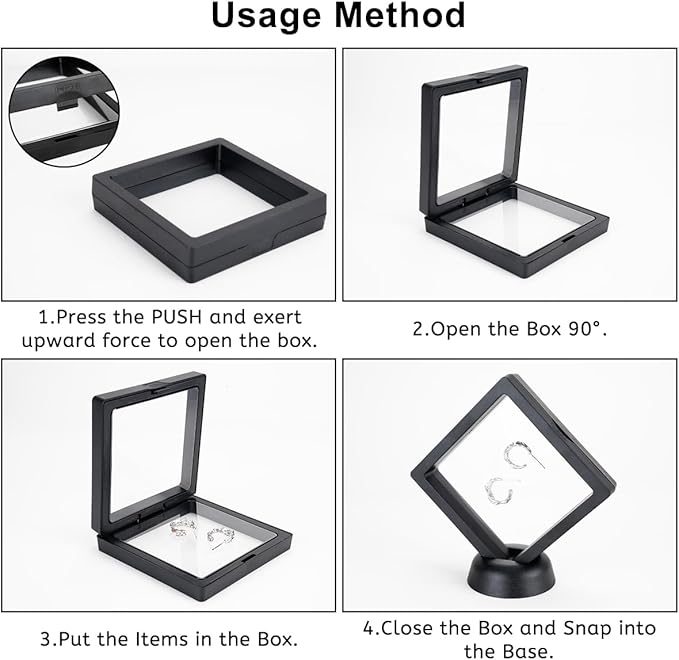 12PCS 3D Floating Frame Case with Stands, Challenge Coin Display Stand Holder, Gift Packing Frame Showcase for Earrings, Jewelry, Medallions, Specimens, 3.54x3.54 Inch (Black)
