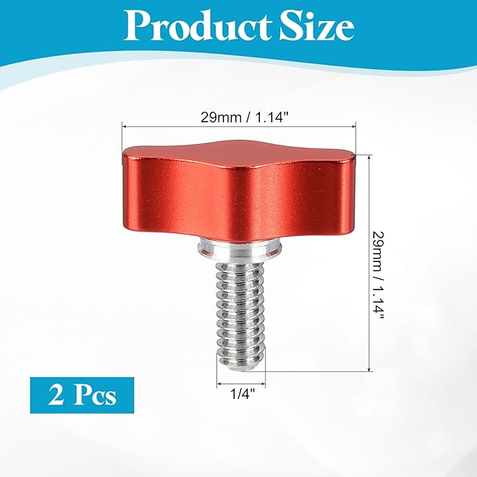 PATIKIL Clamping Screw Knob 1/4" x 1.14", 2Pcs Stainless Steel t Shaped Camera Thumb Screws for DSLR Flash Bracket Photography Light Stand Adapter Action Sports Camera Mounting System, Red